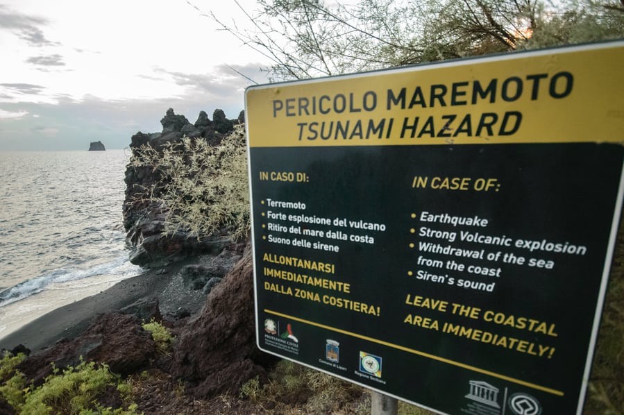 Poster explaining the action plan in case of tsunami Stromboli Sicily Italy top things to do in stromboli