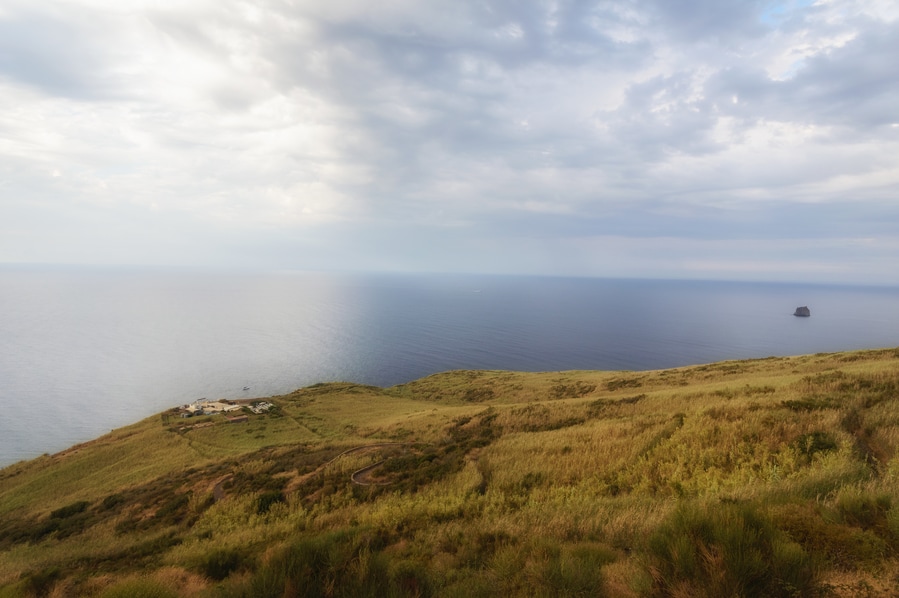 Osservatorio and Strombolicchio seen from the path of Sciaro del Fuoco Stromboli Sicily Italy