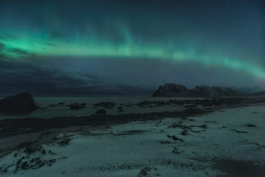 auroras boreales en la playa de uttakliev itinerario viaje fotografico islas lofoten dia 1