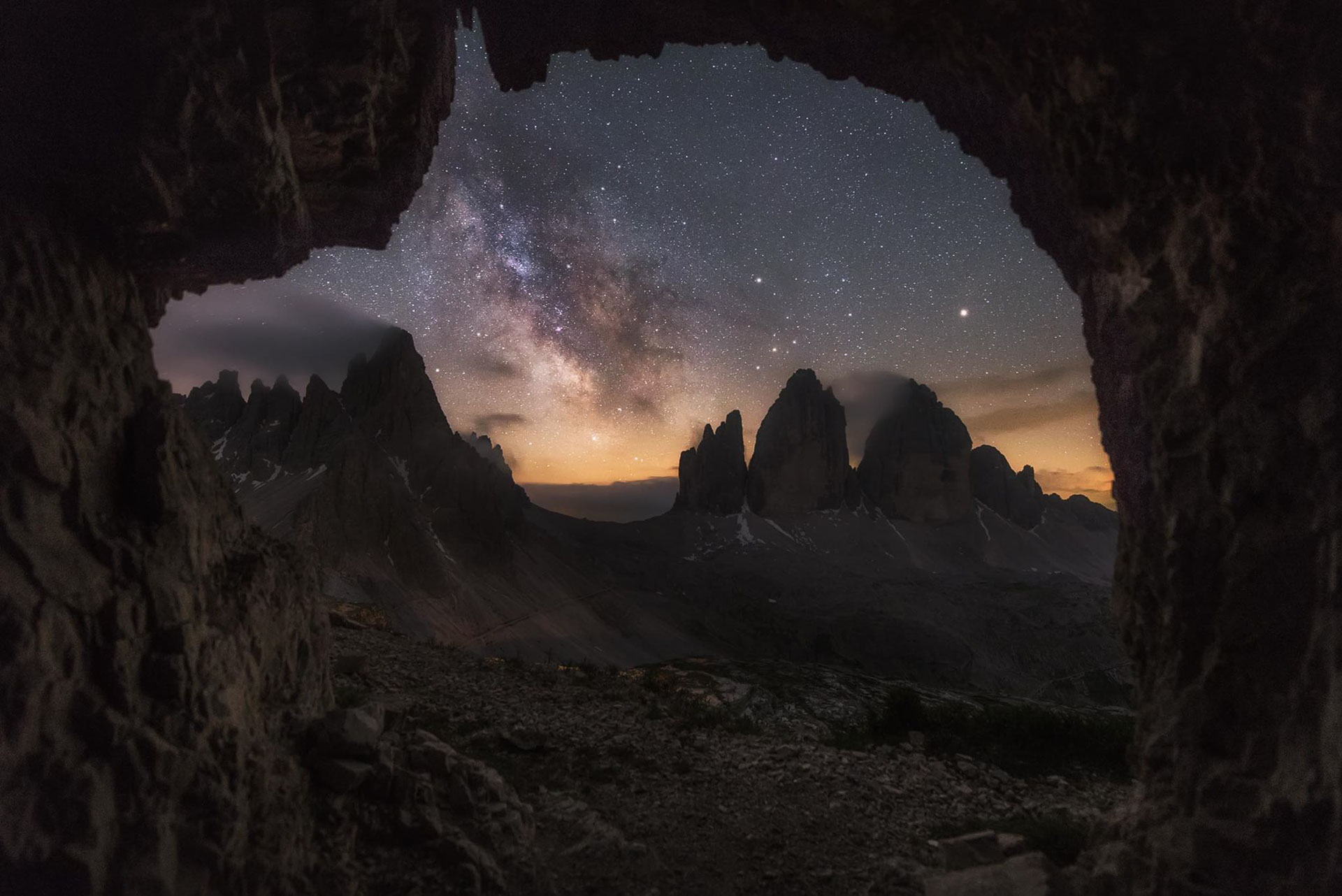 Milky Way night photography Dolomites alps world war cave