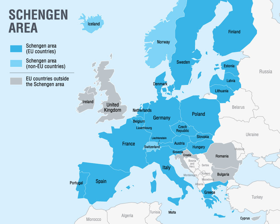 Schengen area map vs European Union