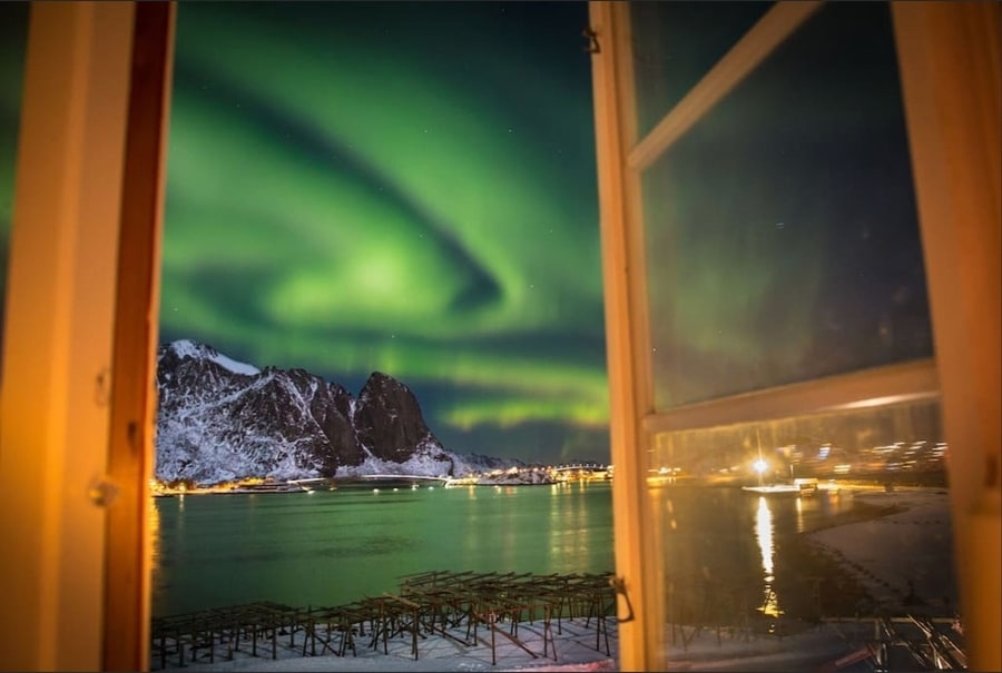 Northern Lights hotel in Lofoten Islands fjord
