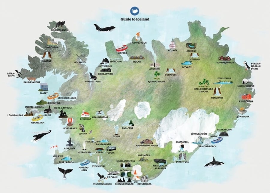Iceland map with tourist attractions