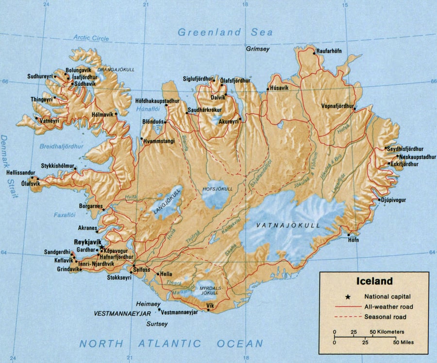Mapa político de Islandia ciudades y pueblos
