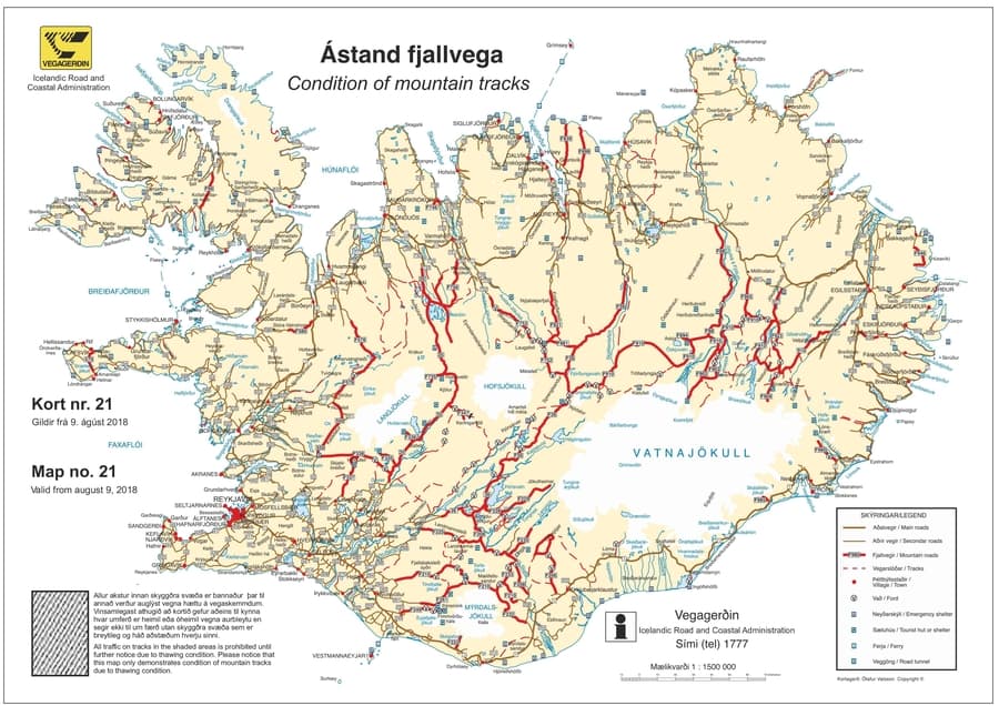 Gravel roads in Iceland map