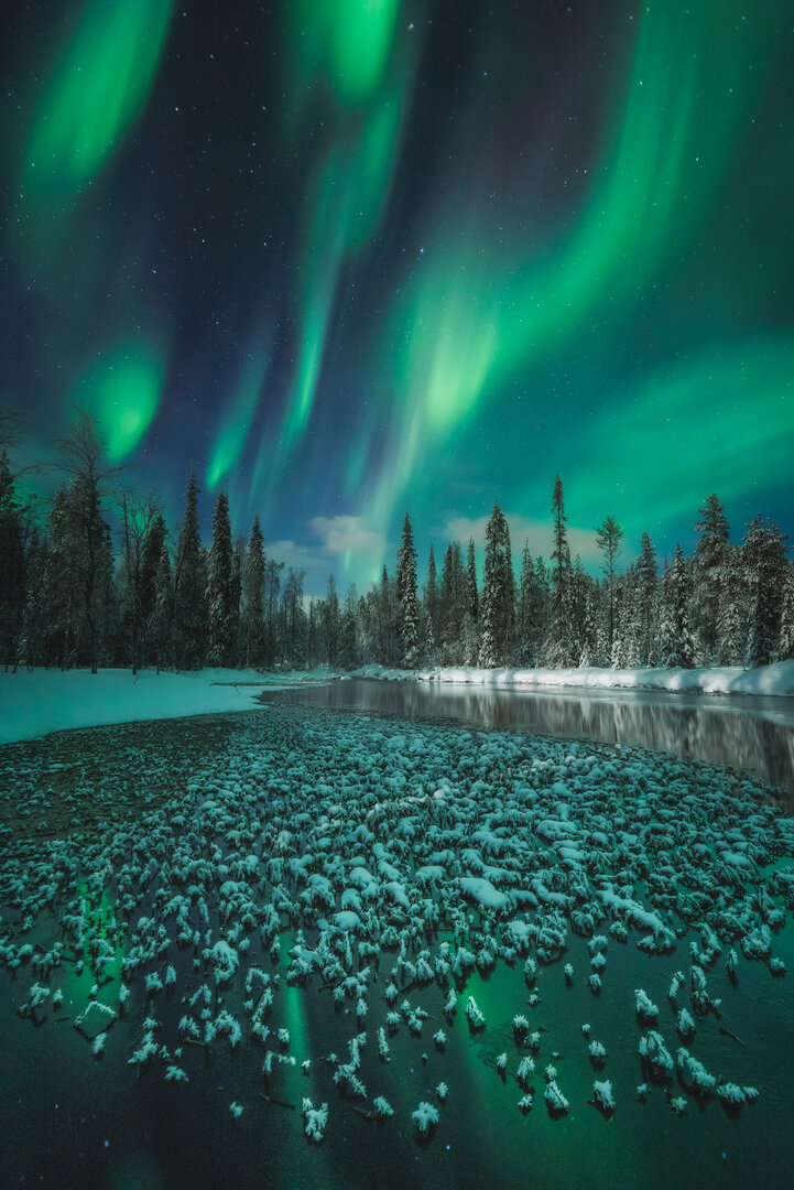 Bright vertal beams of Aurora light shining over a snow-covered forest and river