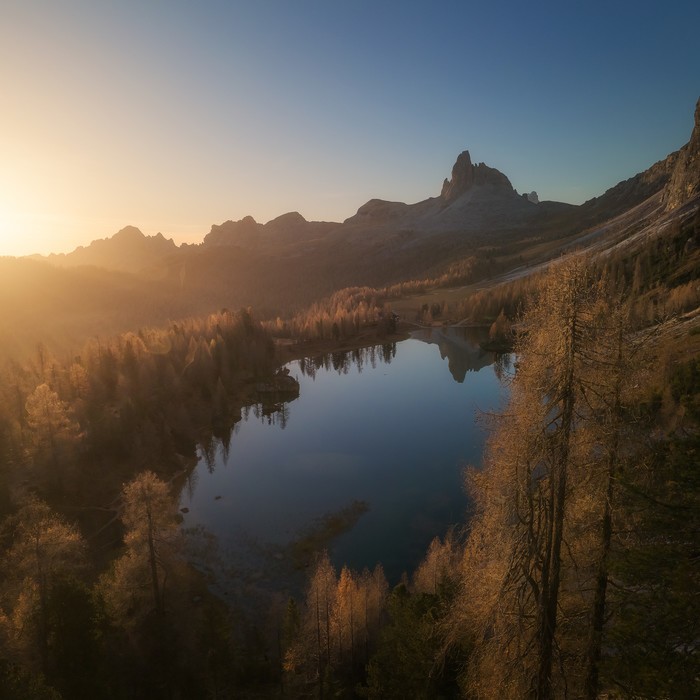 Aerial view of Lago Federa during late fall season
