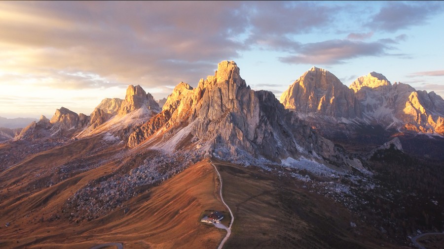 Aerial view of Passo Giau showcasing the peaks that can be seen from this mountain pass