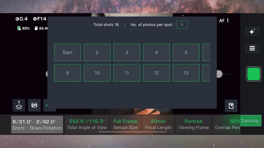 Benro Polaris app interface for automated tracked panos How to use Benro Polaris automated panoramas feature