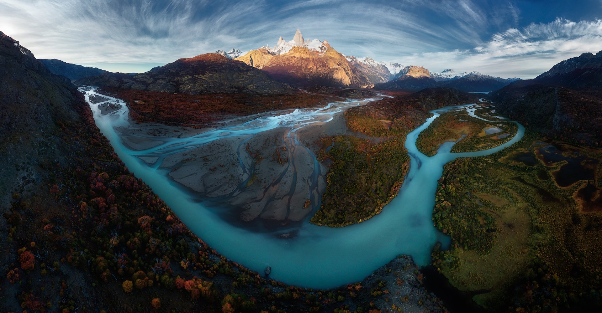 Aerial view of Los Glaciares National Park with Mount Fitz Roy in the center of the image