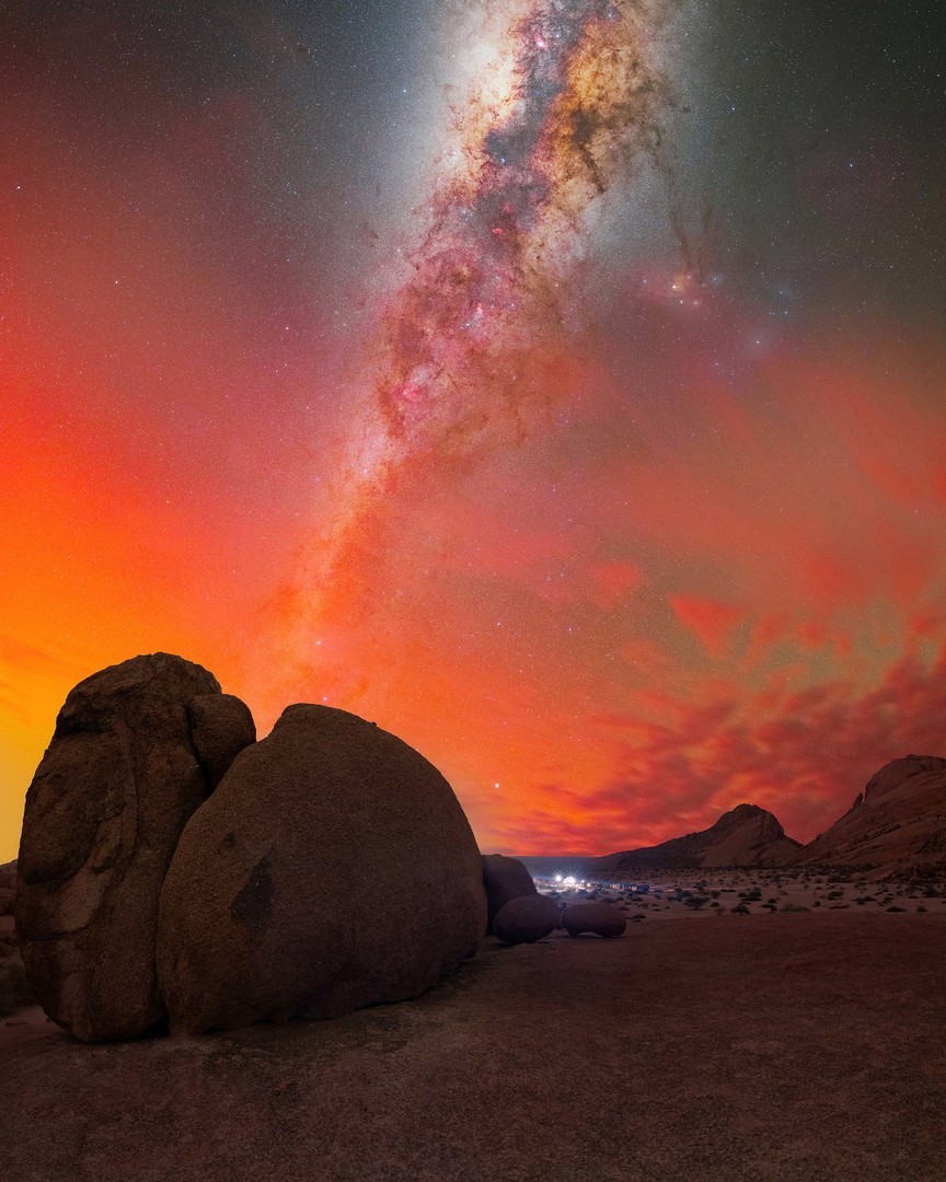 Aurora and Milky Way in Namibia Bright aurora covers the night sky with the Milky Way