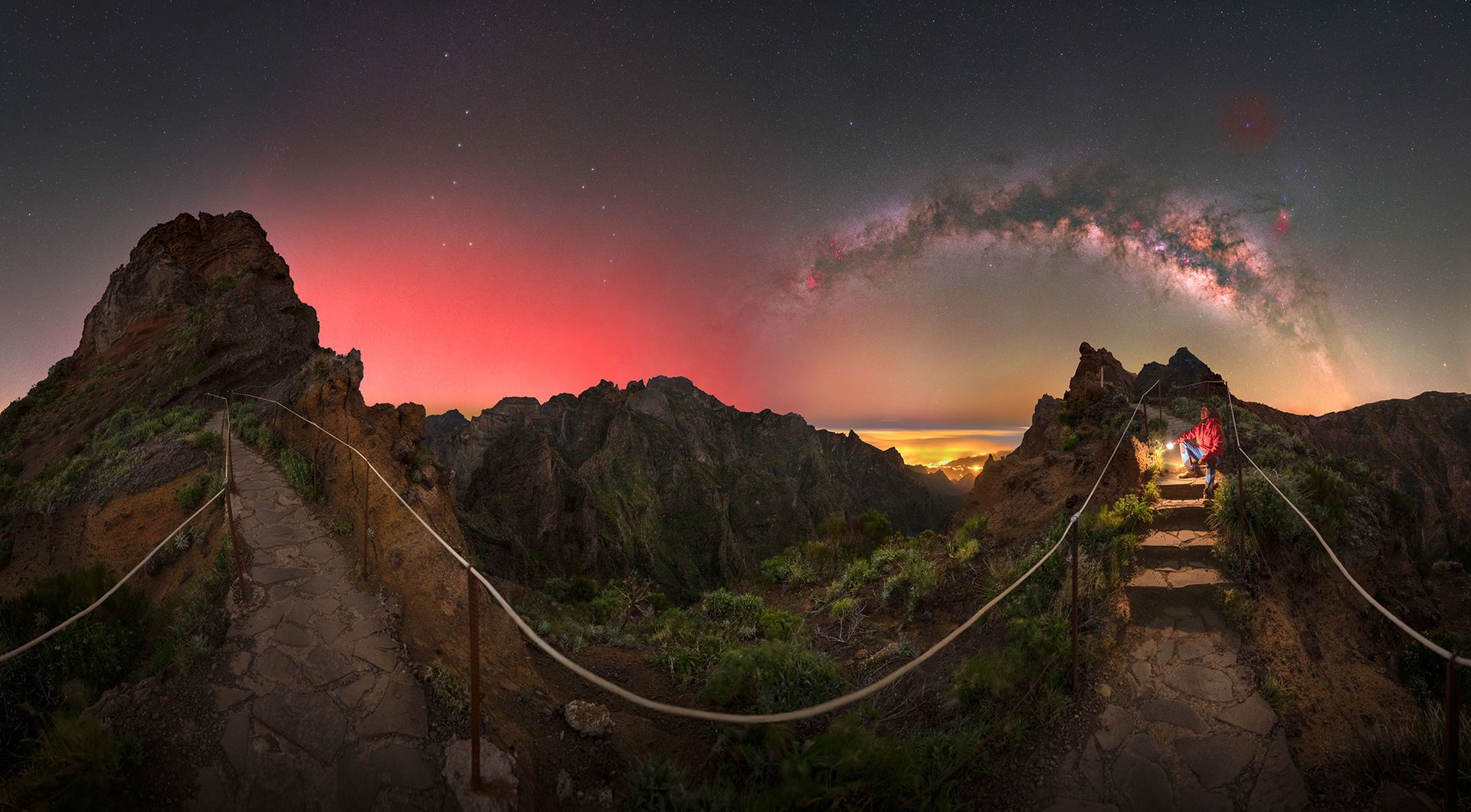 Nightsky panorama with Northern Lights and Milky Way arch Panorama of the night sky with northern lights and the milky way arch