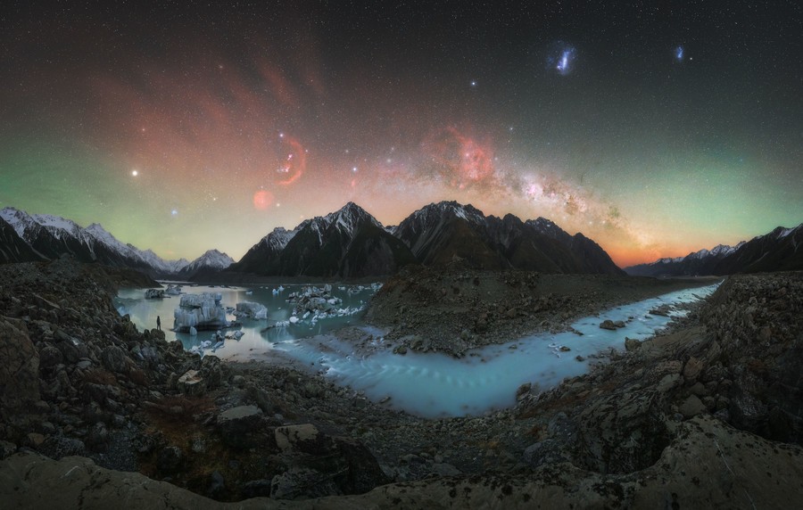 Milky Way photographed over the Tasman Lake in New Zealand
