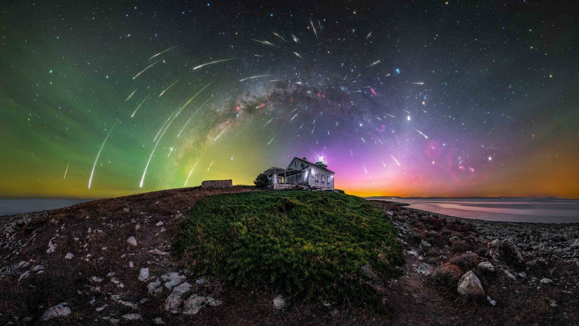 Meteor shower, Milky Way, and Northern Lights Northern Lights, Milky Way, and meteor shower all in one image